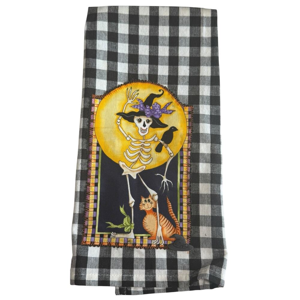 Wimpole Street Creations Halloween Skeleton Witch Plaid Gingham Tea Dish Towel